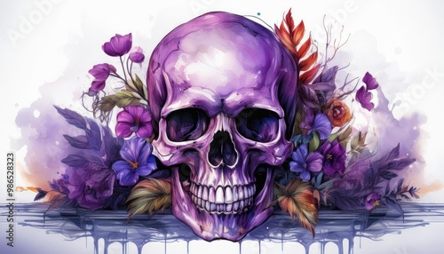 Colorful purple skull adorned with vibrant flowers, artistic representation. Watercolor illustration, on white background