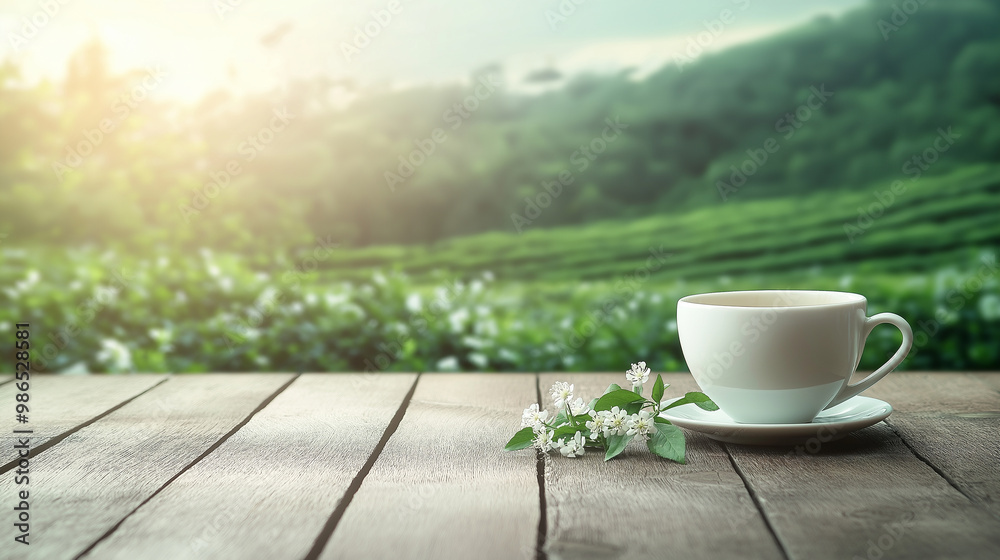 A cup of delicate jasmine tea, the white tea leaves and tiny flowers resting on a wooden table, with the expansive greenery of tea plants beyond. A cup of delicate jasmine tea, the white tea leaves and tiny flowers resting on a wooden table, with the expansive greenery of tea plants beyond.