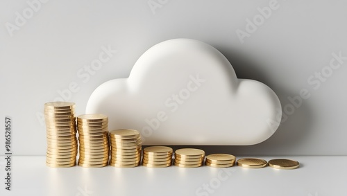 Stacks of coins with a white cloud icon symbolize cloud financial planning, highlighting cost management and budgeting in cloud computing. photo