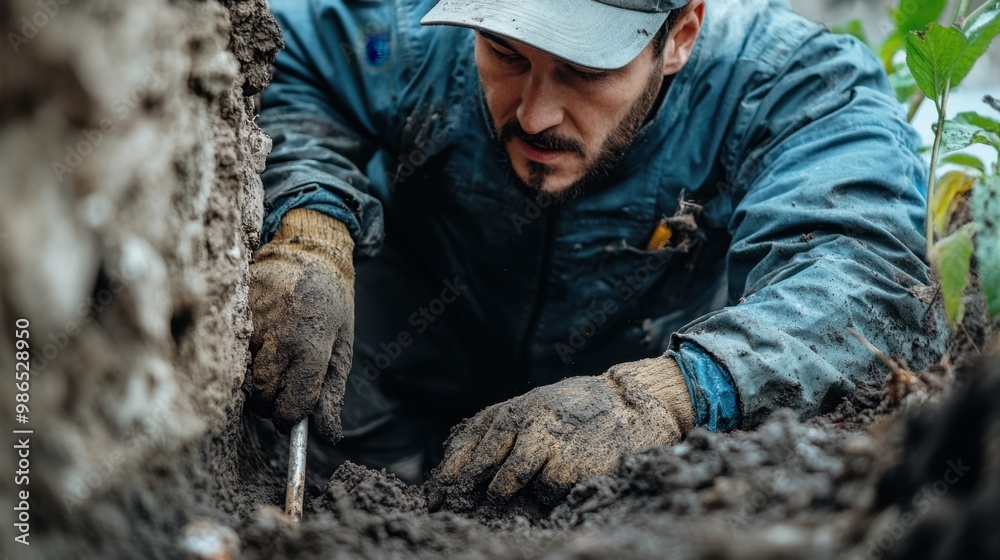 A gardener carefully digging in the soil to cultivate plants in a lush garden during early morning hours A gardener carefully digging in the soil to cultivate plants in a lush garden during early morning hours