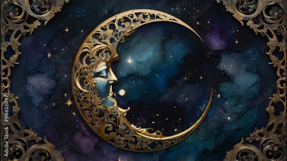 Naklejka premium In the ethereal realm of the cosmic arts, a moon module draped in celestial glam-goth intricacies captivates the eye. The main subject is a detailed depiction of a dark moon adorned with shimmering