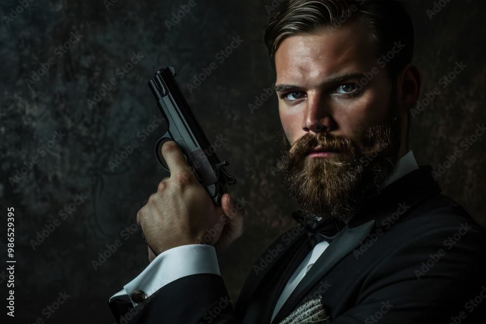Half Wide Portrait Photography, A young and handsome bearded man holding a gun in a james bond style, wearing black tuxido suit, james bond hair style. Half Wide Portrait Photography, A young and handsome bearded man holding a gun in a james bond style, wearing black tuxido suit, james bond hair style.