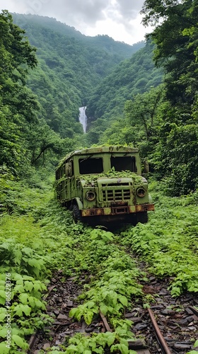 Old Truck Abandoned in the Middle of the Forest Covered with Vegetation, Photo Realistic, Standard Background, Wallpaper, Cover and Screen for Smartphone, PC, Laptop, 9:16 and 16:9 Format