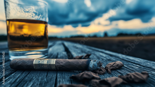 A freshly lit cigar smolders on the wooden surface, with tobacco leaves scattered beside it, a glass of tequila resting close, with a sprawling tobacco field visible under a cloudy photo