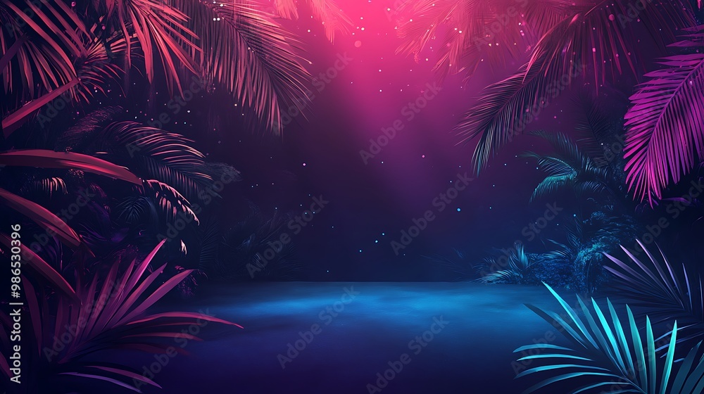 Neon Jungle Background with Palm Trees and Blue Light Neon Jungle Background with Palm Trees and Blue Light