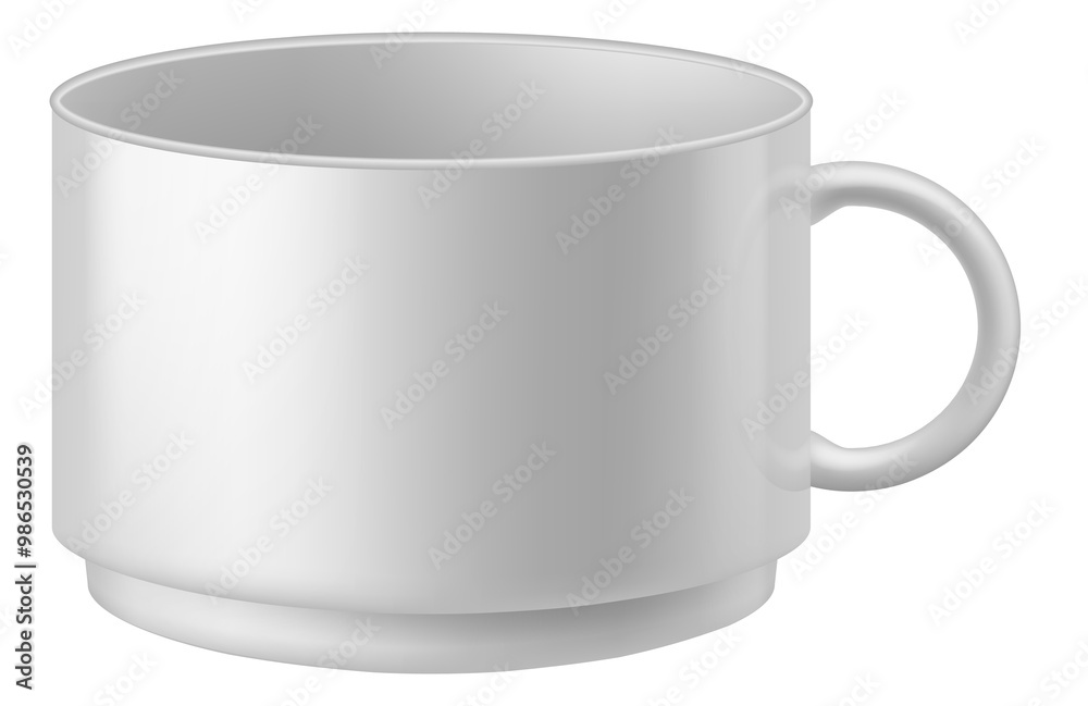 A white cup with a handle sits on a white background A white cup with a handle sits on a white background