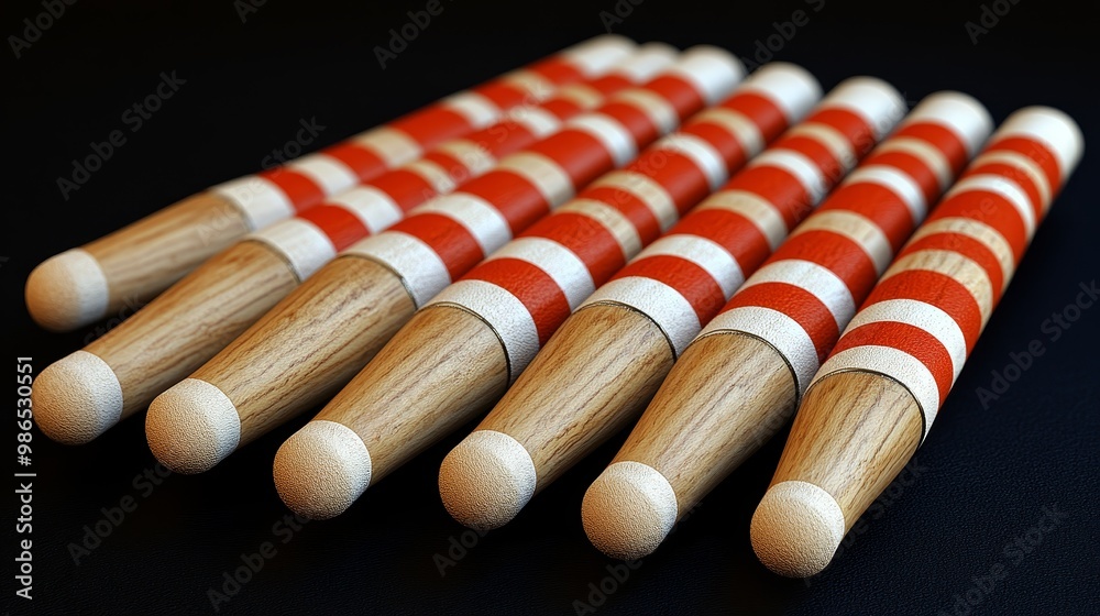 A close-up view of striped wooden rolling pins arranged neatly on a black background, showcasing their intricate design and colors. A close-up view of striped wooden rolling pins arranged neatly on a black background, showcasing their intricate design and colors.