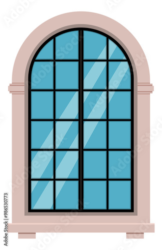 A window with a blue frame and a blue glass pane