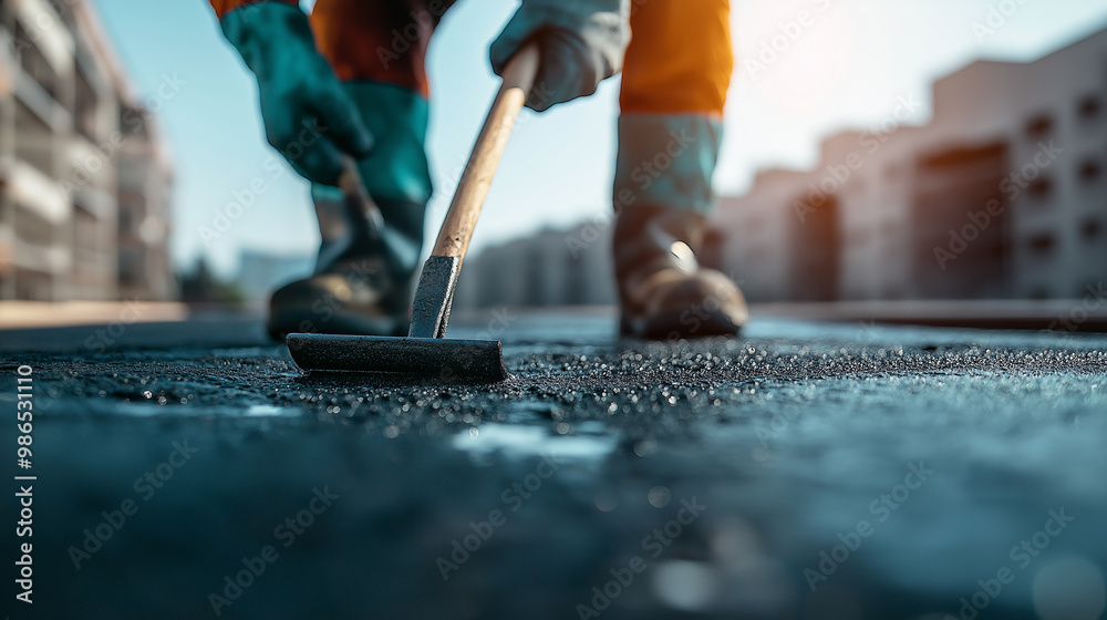 A detailed shot of a worker using a trowel to smooth out a layer of adhesive under the bitumen membrane, the texture of the rooftop clearly visible under the harsh sunlight. A detailed shot of a worker using a trowel to smooth out a layer of adhesive under the bitumen membrane, the texture of the rooftop clearly visible under the harsh sunlight.