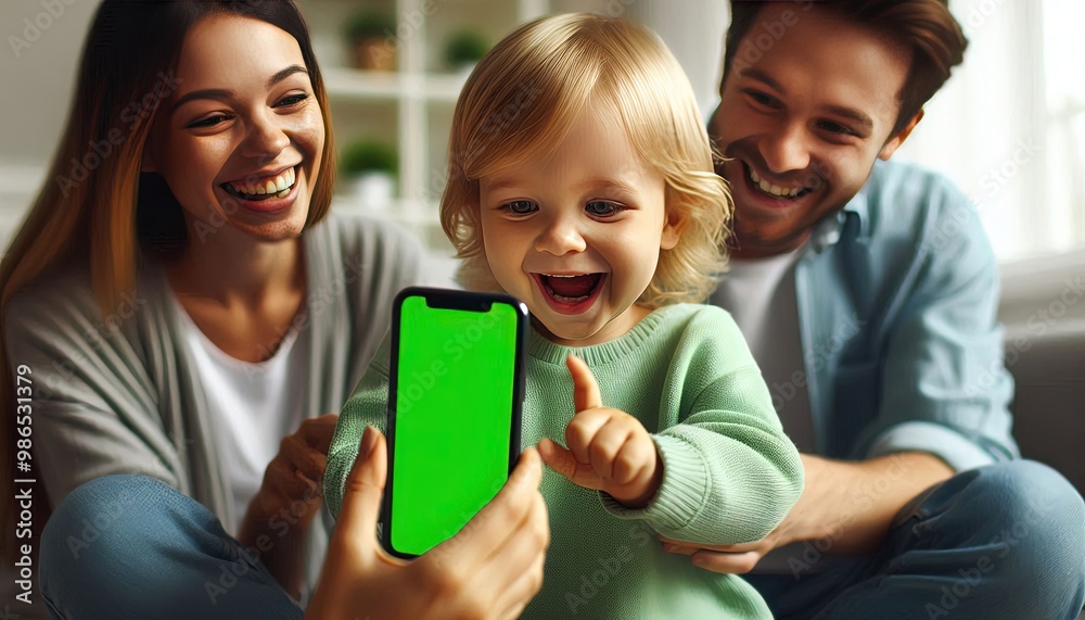 Obraz premium Happy family looking at smartphone with green screen.