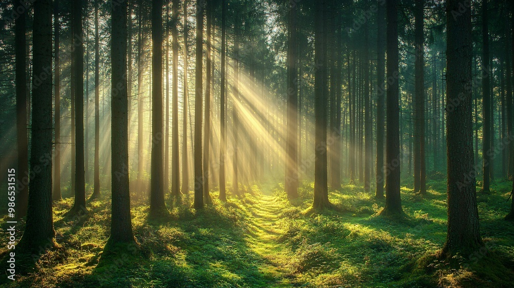 Naklejka premium Sunbeams illuminating a path through a dense, mossy forest