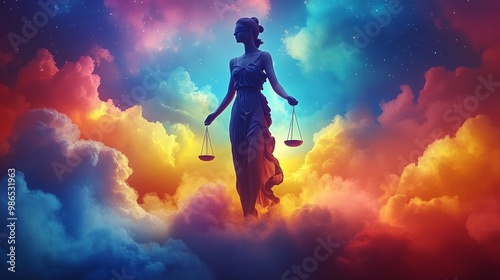 A majestic figure holding scales amid vibrant clouds, symbolizing justice, balance, and harmony in a dreamlike atmosphere.