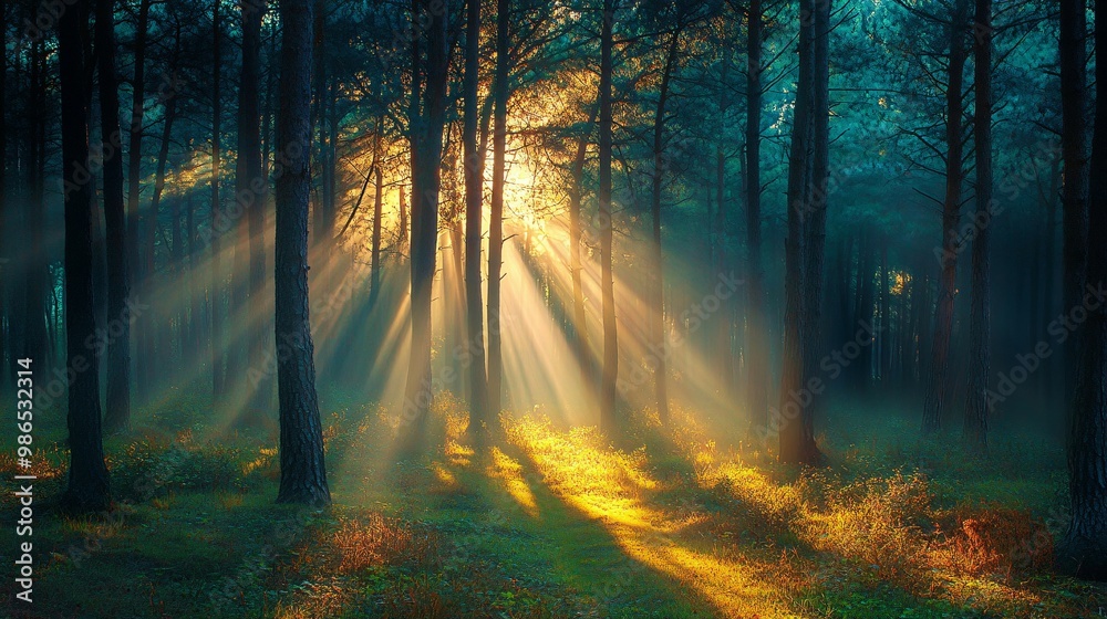 Naklejka premium Sunlight Streaming Through Dense Forest Trees