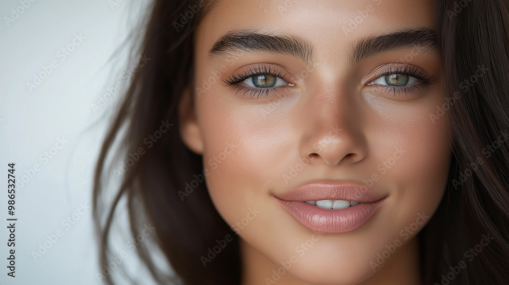 A close-up of a woman with clean, flawless skin, her smile soft and gentle, the minimalistic background emphasizing her natural beauty and fresh look. A close-up of a woman with clean, flawless skin, her smile soft and gentle, the minimalistic background emphasizing her natural beauty and fresh look.