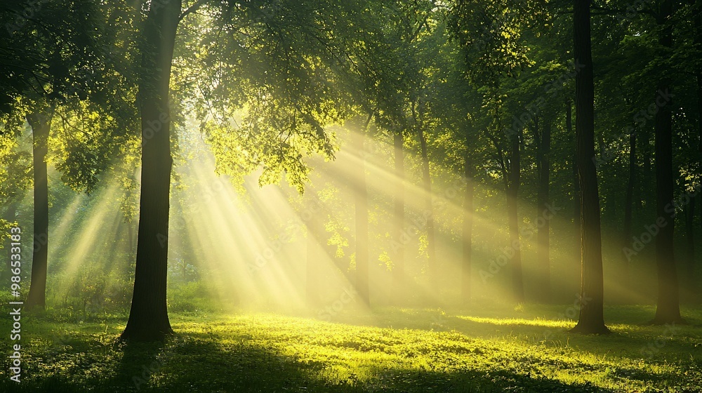 Obraz premium Sunbeams Illuminating a Misty Forest Clearing