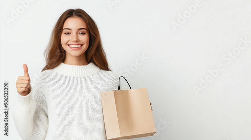 A chuckling woman, paper bag in hand, gives a thumb gesture to the side, her happiness and light-heartedness emphasized by the clean, white background.