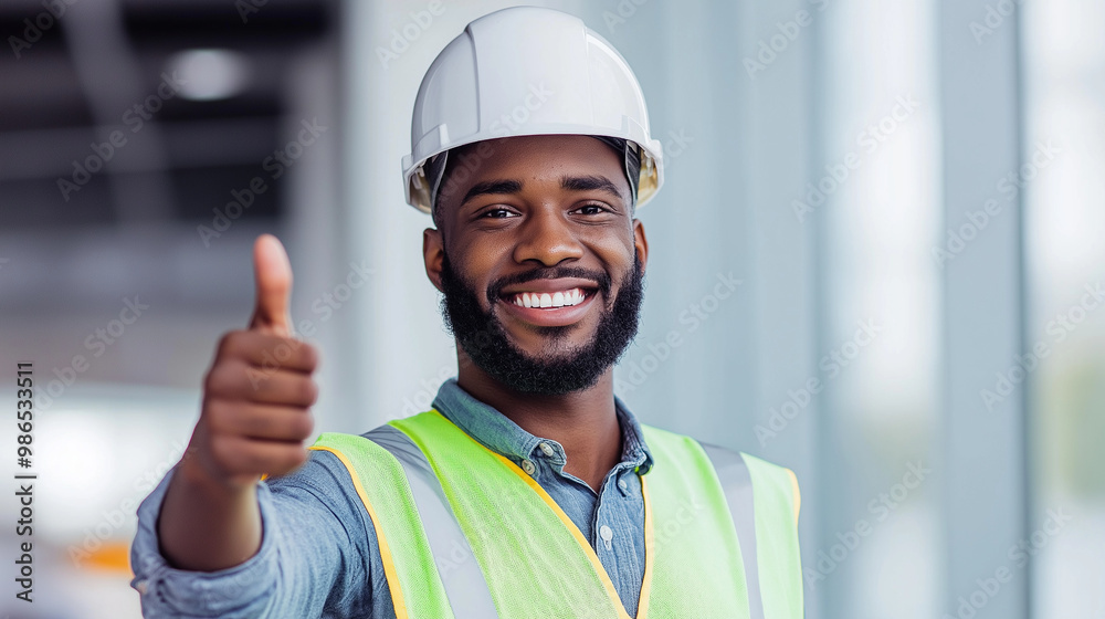 A happy construction worker in a hard hat and safety vest, beaming with ...