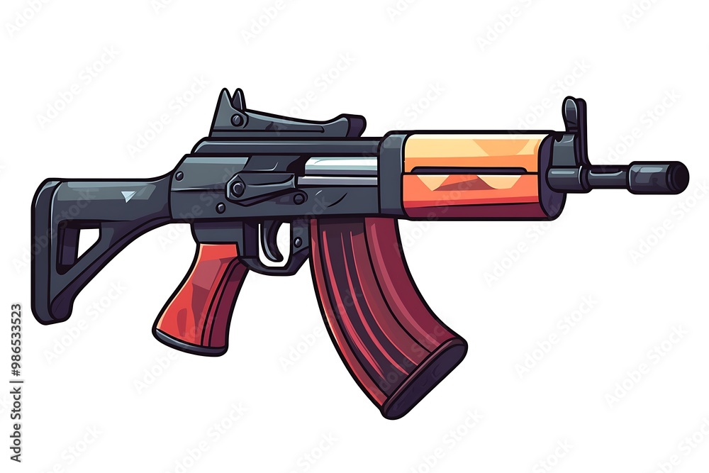 Cartoon illustration of an assault rifle with orange and red wooden ...