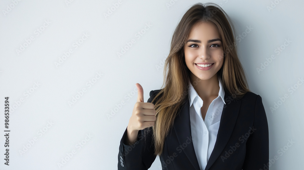 A businesswoman in a formal suit, smiling and giving a thumbs up, standing against a plain white backdrop, symbolizing corporate achievement and success. A businesswoman in a formal suit, smiling and giving a thumbs up, standing against a plain white backdrop, symbolizing corporate achievement and success.