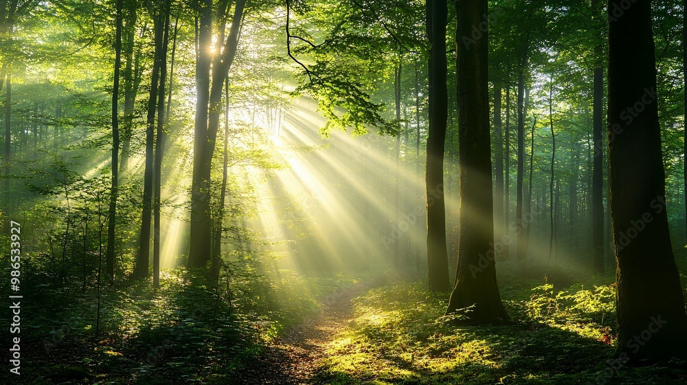 Obraz premium Sunbeams Illuminating a Path Through a Misty Forest