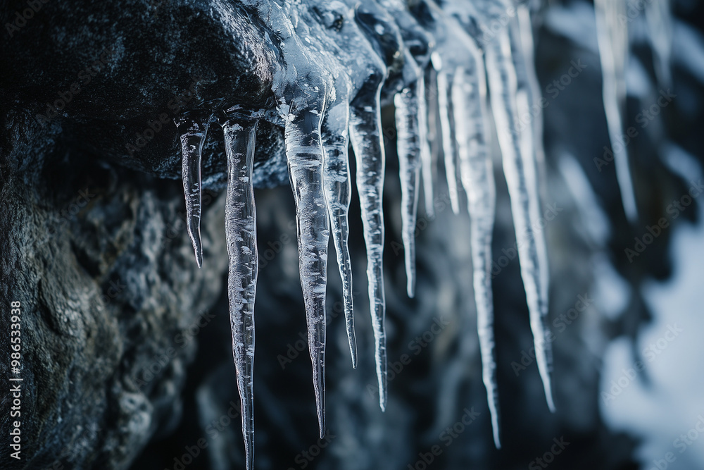 Long icicles on rocky cliff in cold winter Long icicles on rocky cliff in cold winter