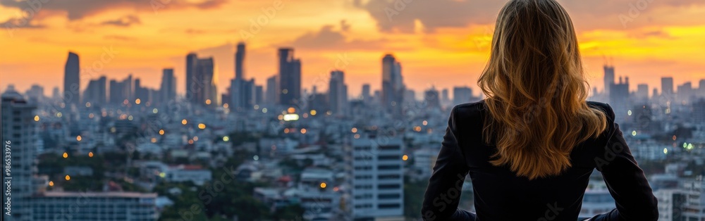 A successful businesswoman reflects on her ambitions, admiring the sunset over the city A successful businesswoman reflects on her ambitions, admiring the sunset over the city