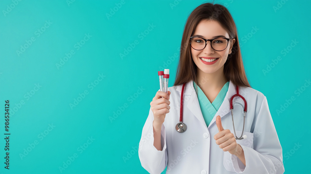 A smiling scientist in a lab coat, holding test tubes in one hand and giving a thumbs up with the other, standing on a clean background, symbolizing research success. A smiling scientist in a lab coat, holding test tubes in one hand and giving a thumbs up with the other, standing on a clean background, symbolizing research success.