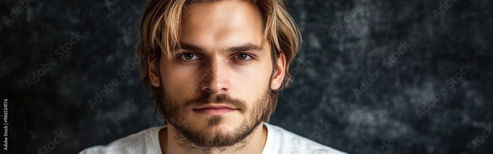 A thoughtful blonde man in a white t-shirt looks directly at the viewer with a neutral background A thoughtful blonde man in a white t-shirt looks directly at the viewer with a neutral background