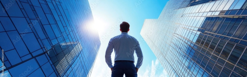 A determined young business man stands at the base of tall buildings, looking toward the future A determined young business man stands at the base of tall buildings, looking toward the future
