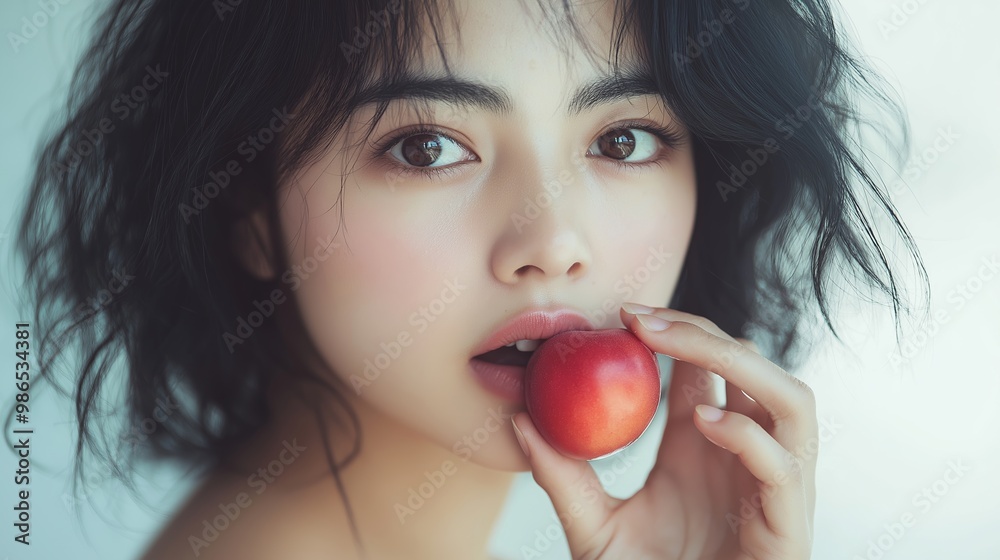 A mid-20s Asian woman with shoulder-length black hair enjoys a juicy nectarine, with juice dripping down her hand, set against a soft green background A mid-20s Asian woman with shoulder-length black hair enjoys a juicy nectarine, with juice dripping down her hand, set against a soft green background