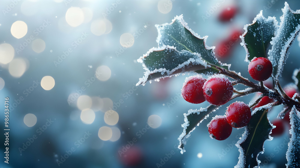 frosted holly berry on blurr winter background
