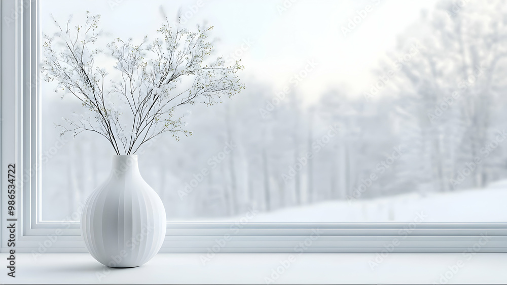 Fototapeta premium White windowsill with view of snowy landscape, Vase on windowsill background