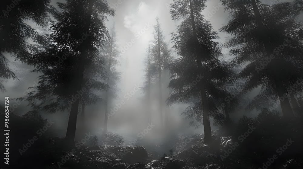 Obraz premium A black and white photo of a forest with fog
