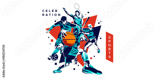 A collection of characters from basketball, soccer, badminton and base ball athletes. Design elements with a sports concept, celebrating national sports day. Sports athlete silhouette