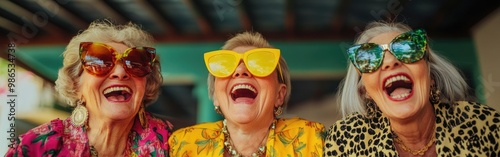 Three happy older women share laughter and friendship while wearing colorful outfits and sunglasses