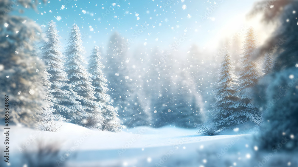 Naklejka premium blur white snow and pine forest winter background. Christmas and new year backdrop for festive seasonal decoration