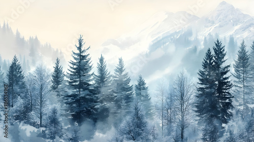 Alpine trees in the forest watercolor style illustration with winter color