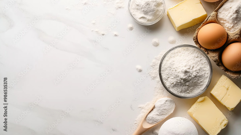 Flour and baking ingredients like sugar, eggs, and butter laid out in a circular pattern on a white surface, giving a harmonious and inviting feel to the baking process. Flour and baking ingredients like sugar, eggs, and butter laid out in a circular pattern on a white surface, giving a harmonious and inviting feel to the baking process.