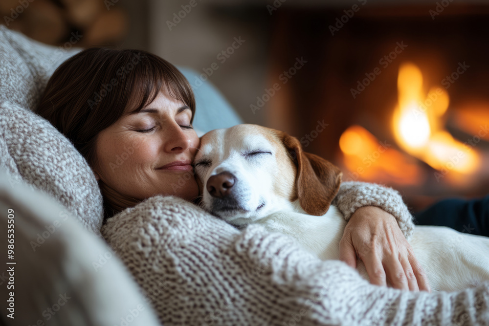 Woman relaxing and cuddling with her dog near a fireplace Woman relaxing and cuddling with her dog near a fireplace