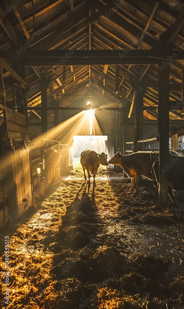Herd of cows in barn illuminated by sunlight, embodying tranquility and the essence of rural farm life Herd of cows in barn illuminated by sunlight, embodying tranquility and the essence of rural farm life