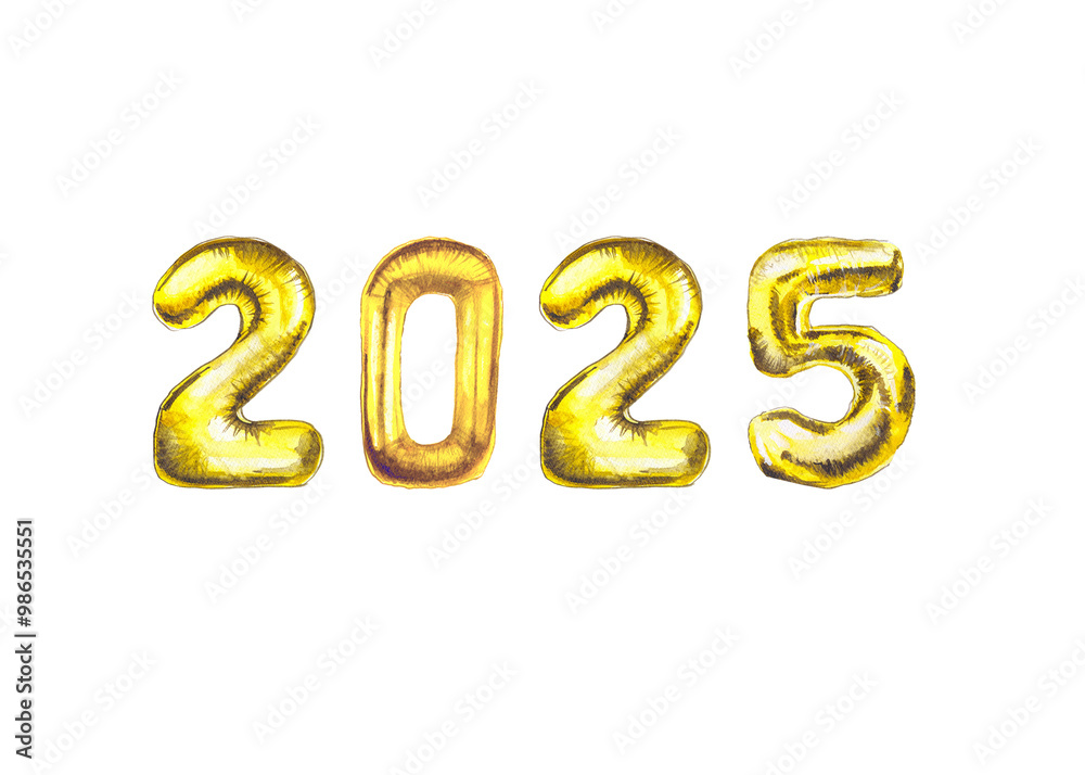 watercolor set with balloons symbol 2025 from gold metal foil, metallic balloon in the shape of numbers design for event decoration cards banners watercolor set with balloons symbol 2025 from gold metal foil, metallic balloon in the shape of numbers design for event decoration cards banners
