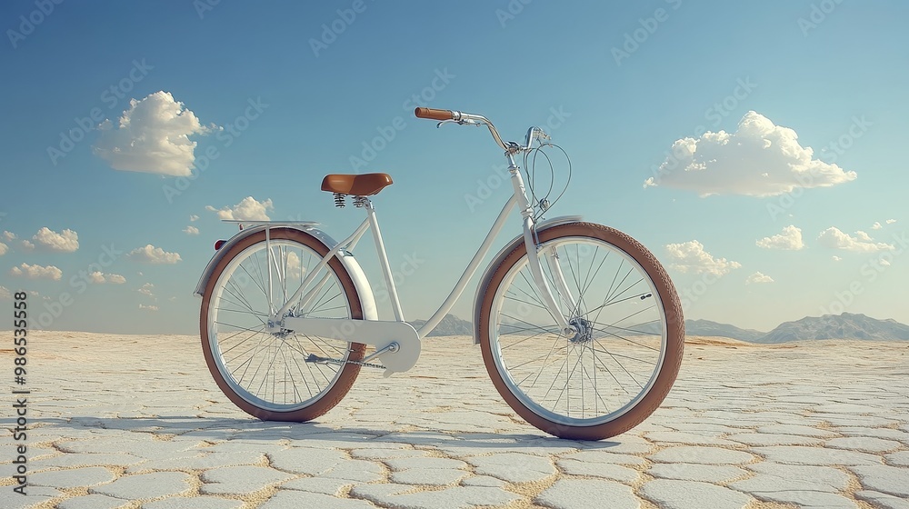 Fototapeta premium A stylish white bicycle stands on a cracked desert landscape under a bright blue sky and soft clouds.