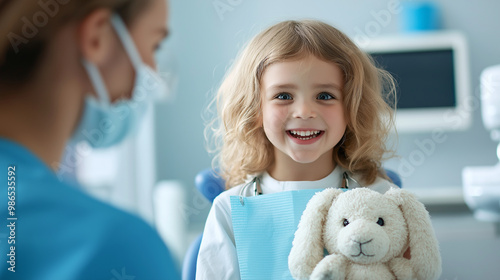 A candid emotional photo of a child gripping their toy rabbit, eyes wide with anticipation, as the dentist approaches with a gentle, reassuring smile.