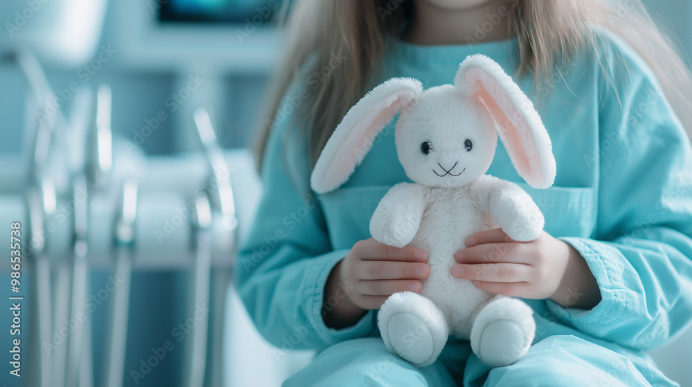 A close-up of the childâs hands gripping the toy rabbit, with dental tools in the background, emphasizing the comforting presence of the toy in an unfamiliar environment. A close-up of the childâs hands gripping the toy rabbit, with dental tools in the background, emphasizing the comforting presence of the toy in an unfamiliar environment.