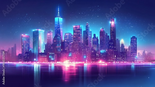 A Nighttime View of a Neon-Lit City Skyline with Reflections in the Water