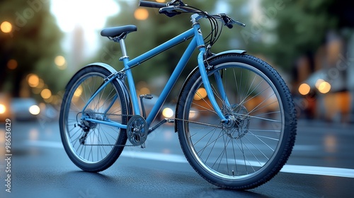 A vibrant blue bicycle parked on an urban street, surrounded by blurred lights showcasing a lively city atmosphere.