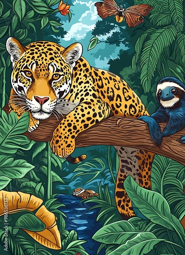 Jaguar and Sloth in a lush tropical rainforest with butterflies and a river.