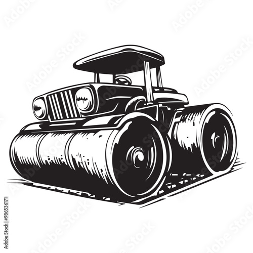 Road Roller Roller-Compactor or Steamroller cartoon Silhouette, compactor roller silhouettes. Heavy machinery for construction and mining