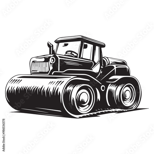 Road Roller Roller-Compactor or Steamroller cartoon Silhouette, compactor roller silhouettes. Heavy machinery for construction and mining