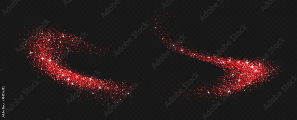 Red glitter splashes, shiny star dust explosion, shimmer spray effect, festive holiday particles isolated on a dark background. Vector illustration. Christmas decoration.